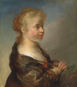 Portrait of a girl as a shepherdess, half-length, in a red dress and blue wrap, with a pearl headdress