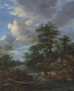 A wooded river landscape with a family at rest on a track