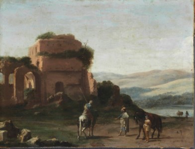 An Italianate landscape with figures before a ruined classical building