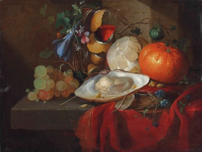 An oyster, grapes, a partly- peeled lemon, an orange and flowers, on a partially draped stone ledge