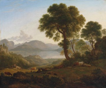 A lake landscape with a shepherd, cattle and goats in the foreground