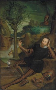 Portrait of Peregrine Bertie, 13th Lord Willoughby de Eresby (1555-1601), full-length, in a black doublet and pantaloons, wearing damascened armour, in a wooded river landscape by a waterfall, with a bridge and a castle beyond