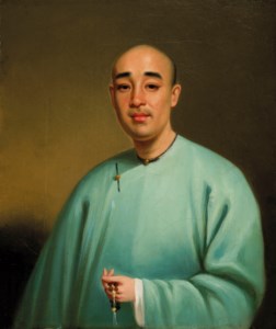 Portrait of a Man wearing a blue smock, holding a string of beads (thought to be a self portrait)