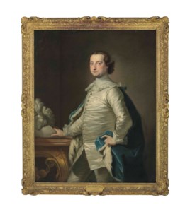 Portrait of Thomas Braddyll (d. 1776), three-quarter-length, in Van Dyck costume, his right hand resting on a plumed hat on a table