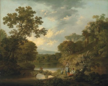 A wooded river landscape with an angler on a bridge and figures resting on the bank, ruins on the hills beyond
