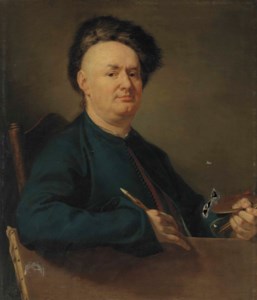 Portrait of Joseph van Aken (1709-1749), half-length, in a blue jacket and a fur hat, holding a palette, his right arm resting on a canvas
