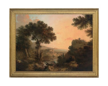 A wooded river landscape at dusk with Alpheus and Arethusa in the foreground