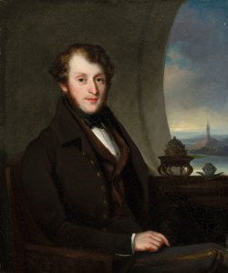 A Western Merchant, seated small half length, by a Moon Window, with a view to a Pagoda beyond