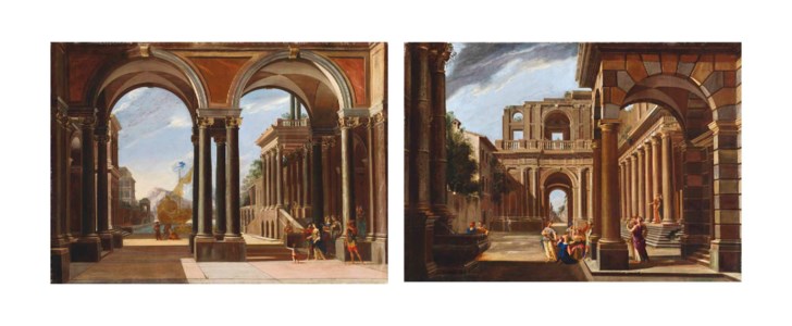 An architectural capriccio with Helena leaving for Troy; and An architectural capriccio with Achilles amongst the daughters of King Lycomedes