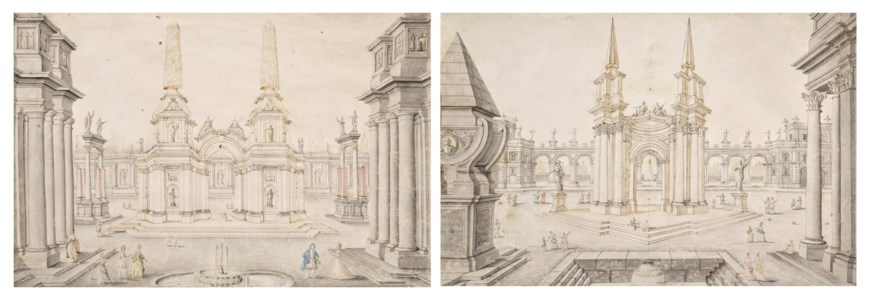 Deux études architecturales avec fontaines, colonnades et sculptures