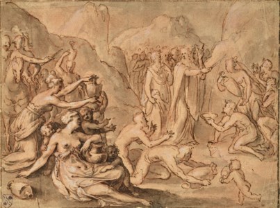 Moïse frappant le rocher (recto) ; Figures esquissées (verso)