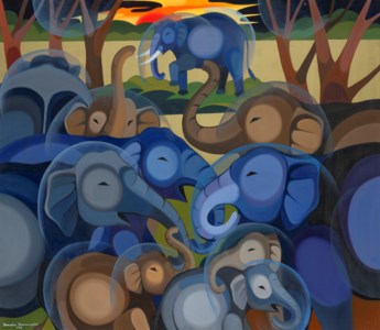 Untitled (Tusker and Herd at Sunrise)