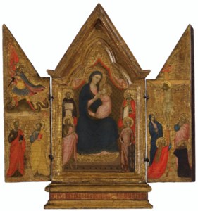 A triptych: the central panel: The Madonna and Child enthroned with saints; the left wing: the Archangel Saint Michael slaying the dragon above, Saints Peter and Paul below; the right wing: The Crucifixion