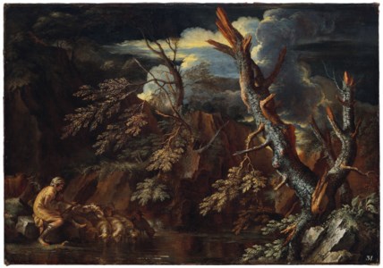 A rocky wooded landscape with Jacob watering Laban's Flock