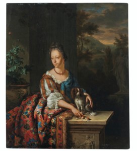 Portrait of a young lady with a spaniel, possibly Dina Margareta de Bye (1680-1740), a landscape beyond