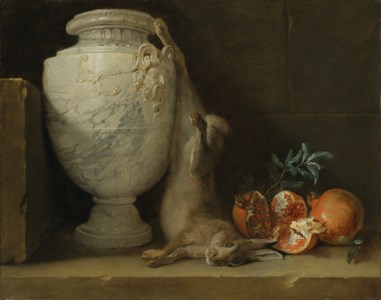 A marble vase, a hare and pomegranates on a stone ledge