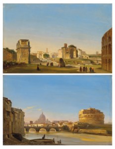 A view of the Tiber with the Castello San Angelo and St Peter's; and A view of the Forum with the Arch of Constantine and the Temple of Venus and Rome