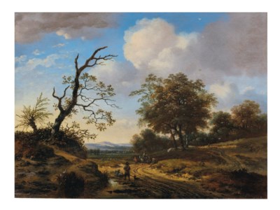 A dune landscape with travelers on a path