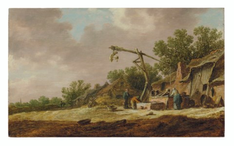 A village landscape with figures at a well