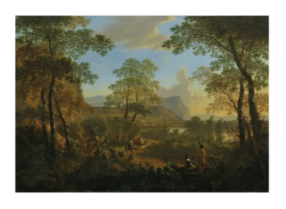 An Italianate landscape with travelers on a path