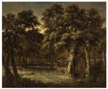 A woodland landscape with a cottage and figures