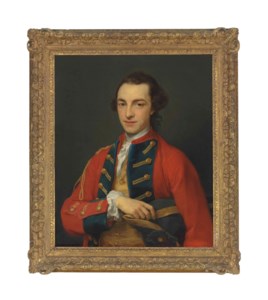 Portrait of George Craster (1734-1772), half-length, in the gold-frogged, red and blue uniform of the Horse Grenadier Guards, holding a tricorn