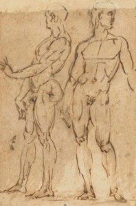 Two nude men standing