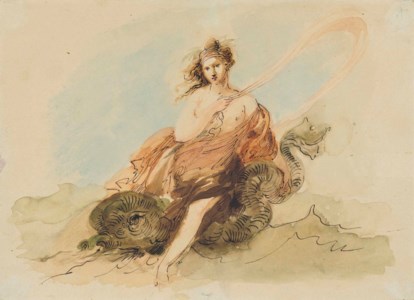 A nymph riding a dolphin