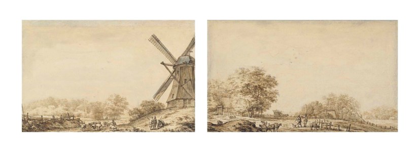A landscape with a windmill and herdsmen with their flock of sheep; and A landscape with herdsmen and a carriage in the background