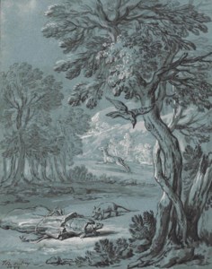 Illustration of one of the Fables of Jean de La Fontaine: The crow, the gazelle, the tortoise and the rat (III)