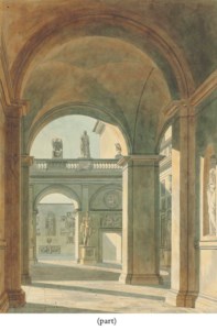 View of the courtyard of Palazzo Mattei, Rome, with statues and antique reliefs; and View of the interior of the Church of San Lorenzo fuori le mura, Rome