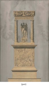 A monument with Napoleon as a winged Genius holding a Victory statuette under an arch