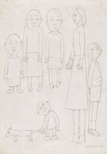 Group of figures and a dog