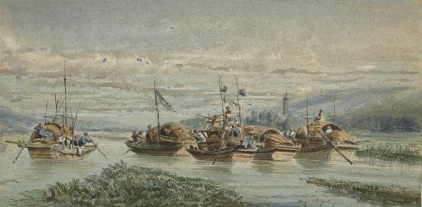 Tanka boats on the river between Macao and Canton, a pagoda beyond