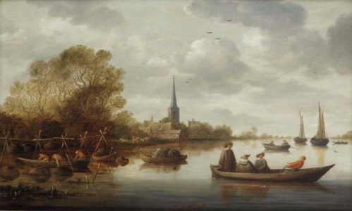 A river landscape with fishermen, elegant figures in a ferry, a village and sailing vessels in the distance