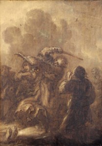 ' Dartel arm ': A man and a female fighting with other figures watching