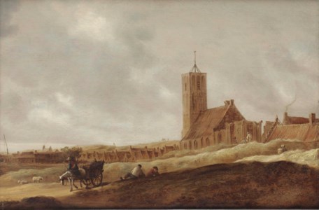 A view of Egmond aan Zee, a horsedrawn cart and figures resting in the foreground