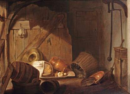 A barn interior with baskets, barrels, pottery, a pump to the right and a bundle of dried laice hanging on a wall partition to the left