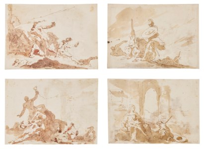 Studies for Figures in Moses and the Bronze Serpent (recto); The Death of Sophonisba (verso); and Studies for Figures in Moses and the Bronze Serpent (recto); The Holy Family (verso)