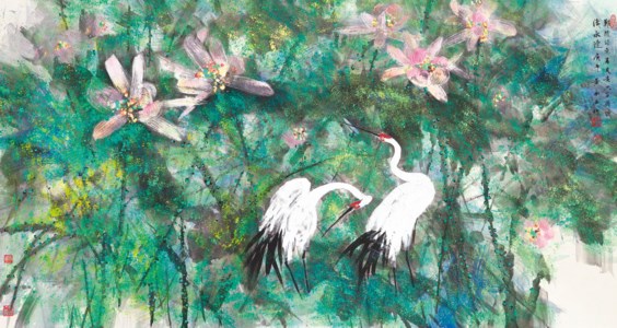 Huang Yongyu 黃永玉, Two Cranes in Lotus Pond