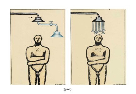 Two drawings from the Man under the shower series