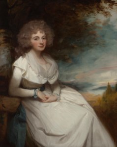 Portrait of Hester, Lady Lushington, née Boldero (1753-1830), three-quarter length, in a white dress and seated in a landscape