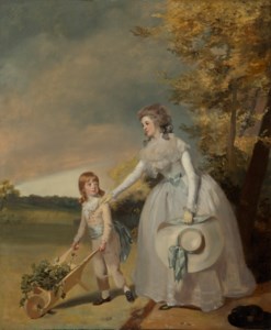 Portrait of Harriet Fuller, née Carter (1753-1803) with her son Edward (1782-1856) pushing a wheelbarrow, small-length, in a garden