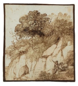 Rocky landscape with Saint John the Baptist seated by a cliff (recto); A house surrounded by a wall on the banks of a river (verso)