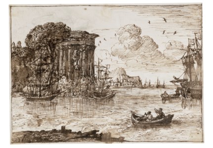 A coastal scene with an antique temple