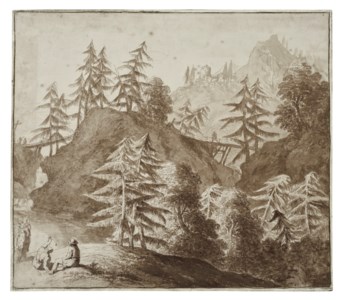 Pine trees in a hill landscape with figures seated in the foreground