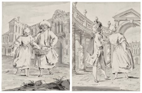 Colombina touching Brighella's mask ; and Colombina picking something from his basket
