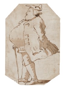 Caricature of a man seen in profile to the left, with a cane and wearing a tricorne hat