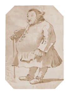 Caricature of a gentleman walking to the left and holding a walking stick