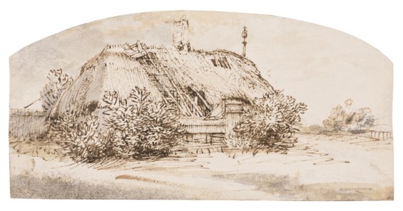 A ruined thatched cottage overgrown with b ushes